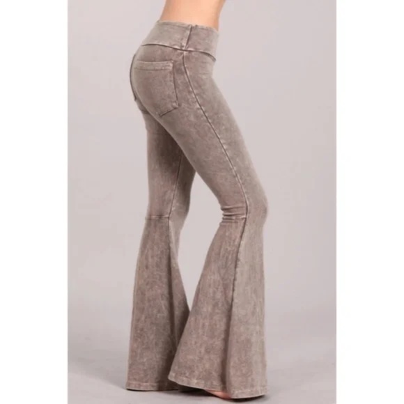 Pants - Desert Taupe Mineral Wash French Terry Flared Bell Bottom Pull On Pants Pockets